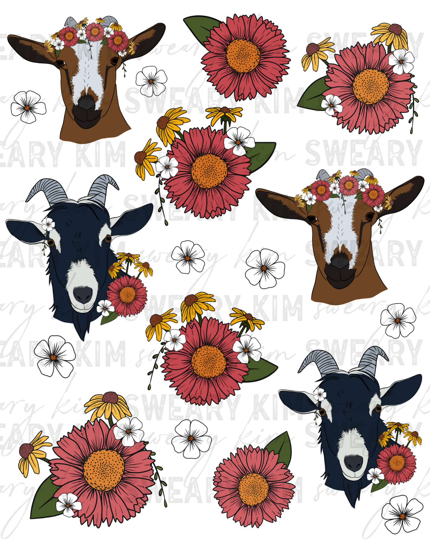 Floral Goats UV Dtf Element Sheet 8inx8in
