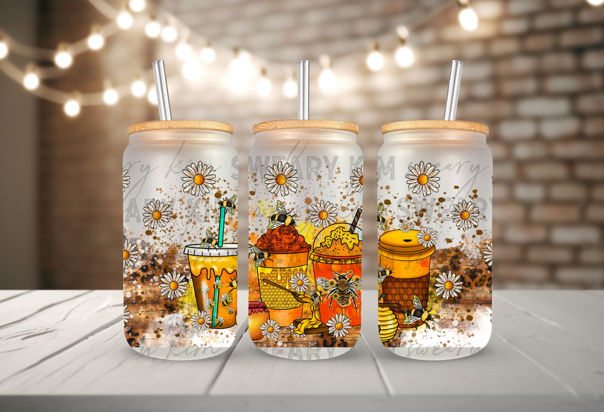 Bee & Honey Cups UV Dtf 16oz glass can wrap