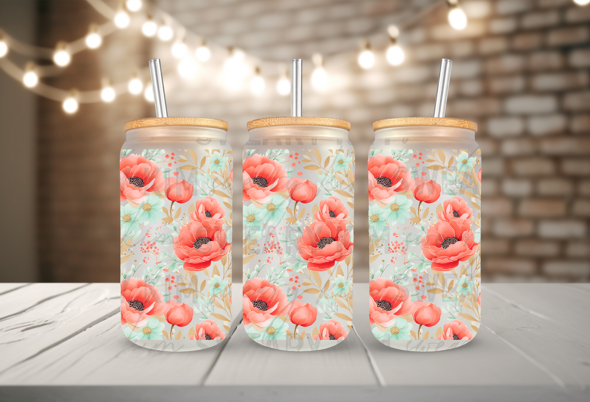 Coral & Mint Flowers UV Dtf 16oz glass can wrap