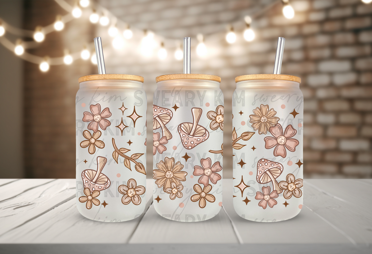 Cream & Tan Mushie Florals UV Dtf 16oz glass can wrap