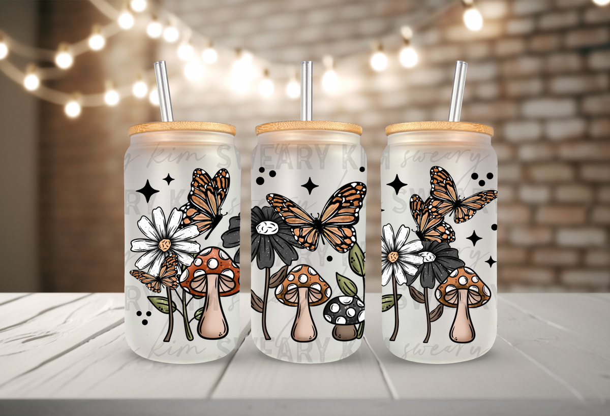 Mushroom Flower Border UV Dtf 16oz glass can wrap