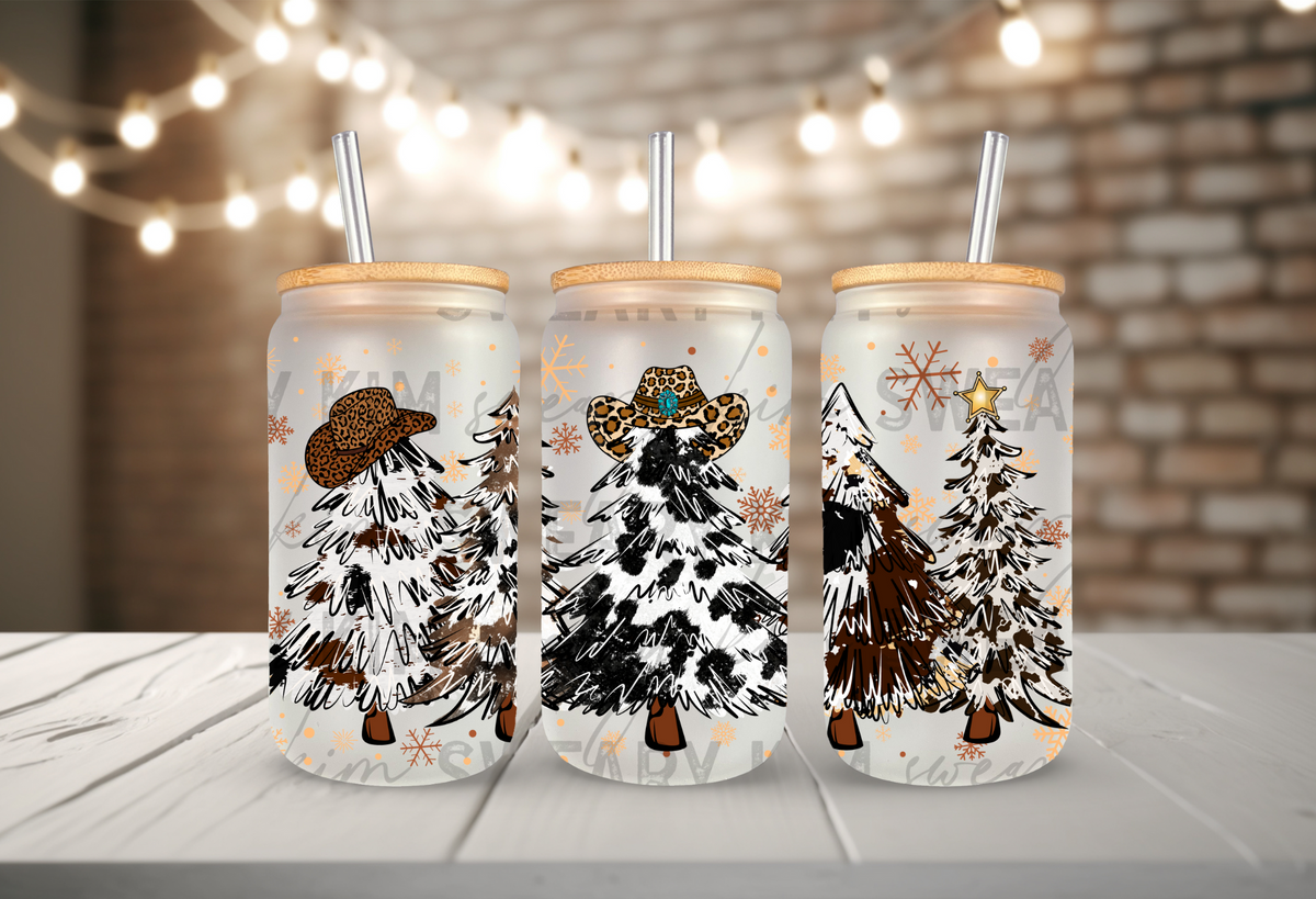 Western Cow Print Trees UV Dtf 16oz glass can wrap