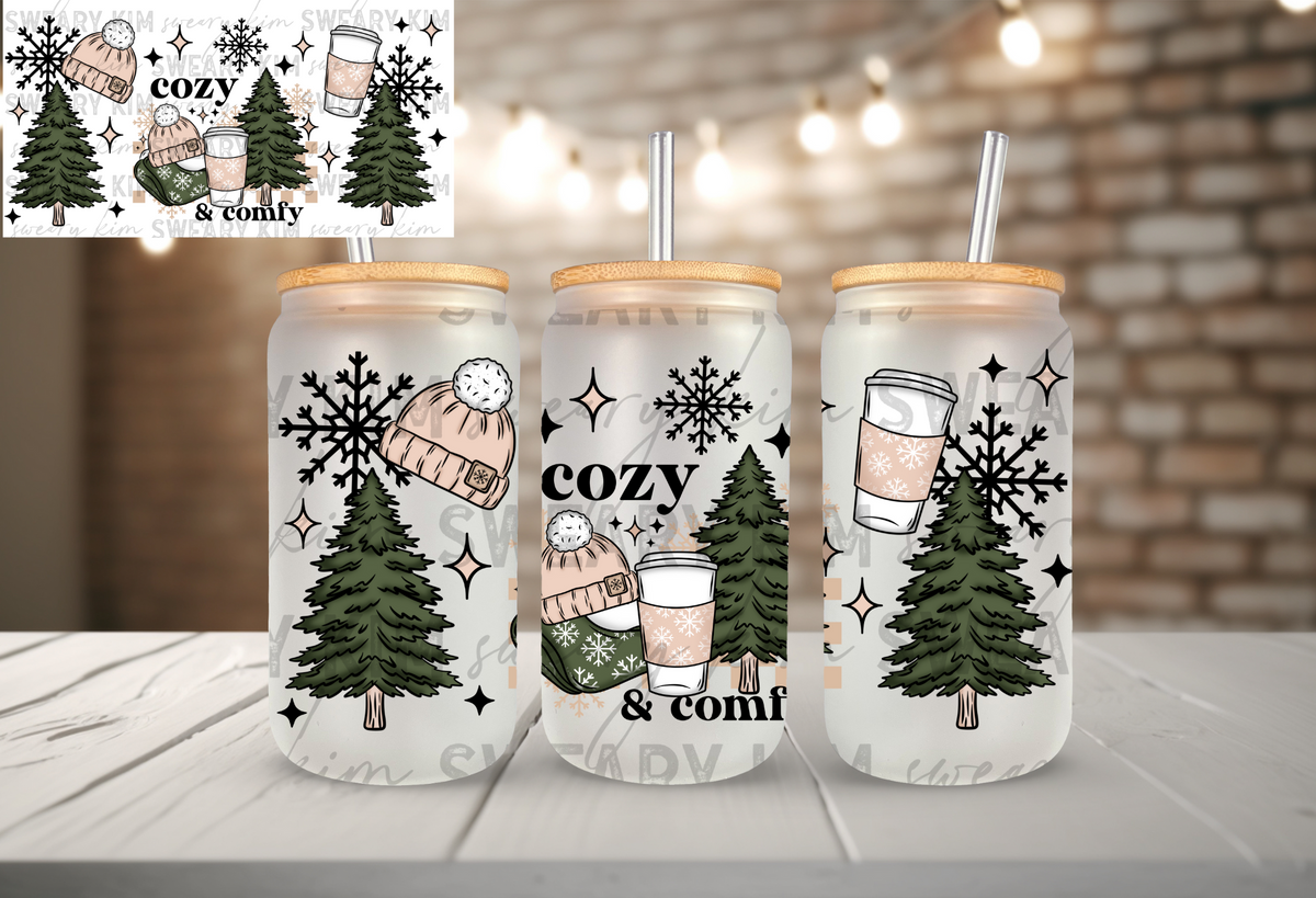 Cozy & Comfy UV Dtf 16oz glass can wrap