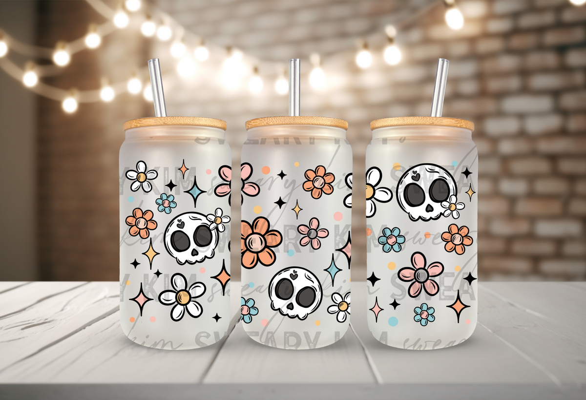 Exclusive Cute Skulls & Flowers UV Dtf 16oz glass can wrap