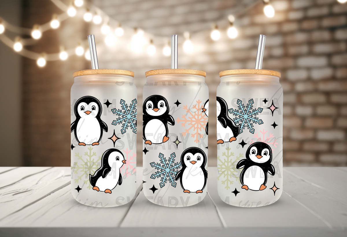 Cute Penguins UV Dtf 16oz glass can wrap