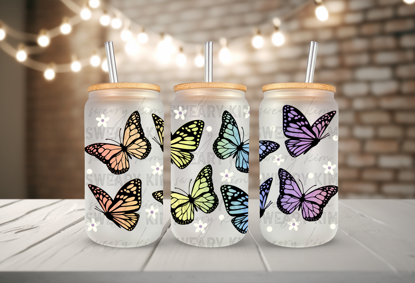 Rainbow Butterflies UV Dtf 16oz glass can wrap