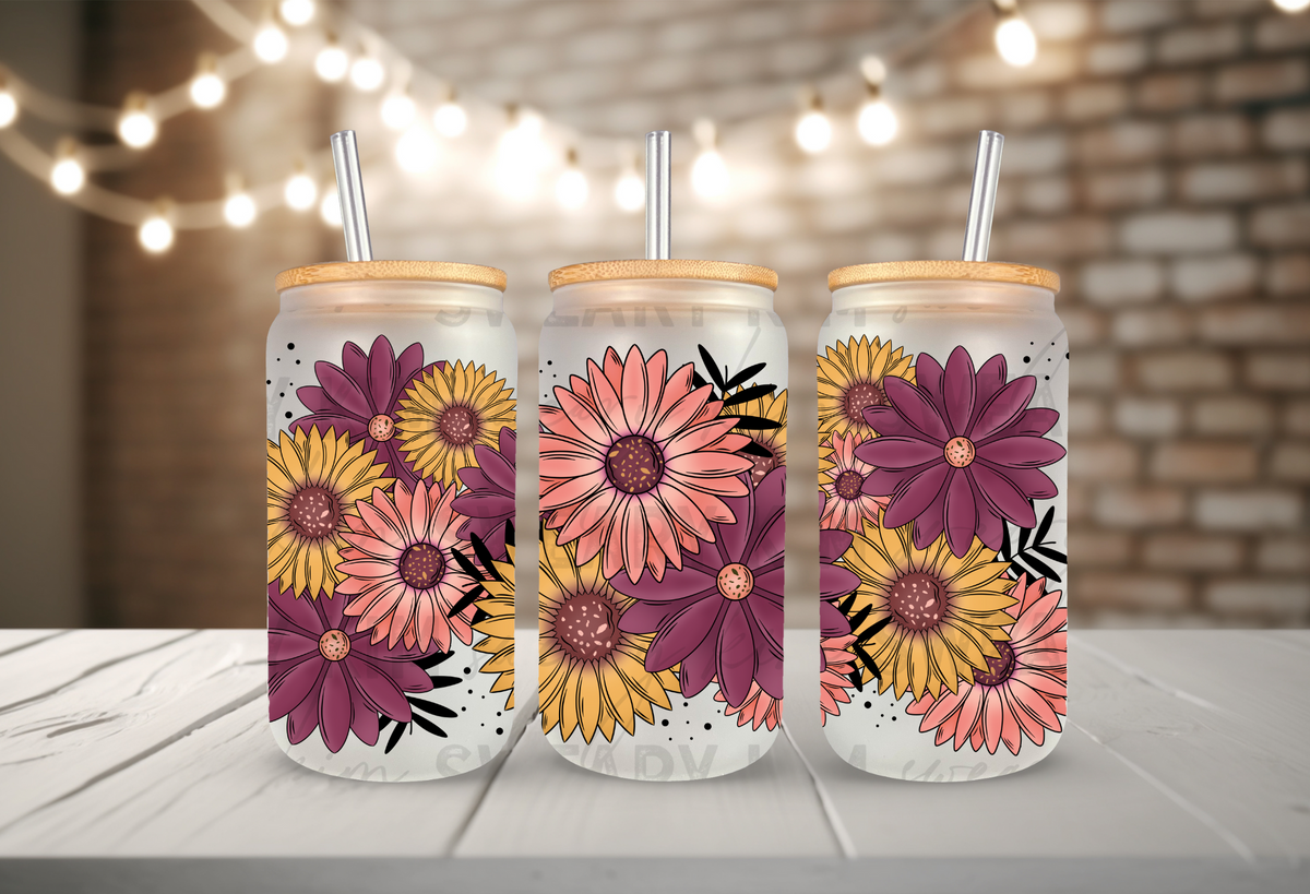 Burgundy & Peach Florals UV Dtf 16oz glass can wrap