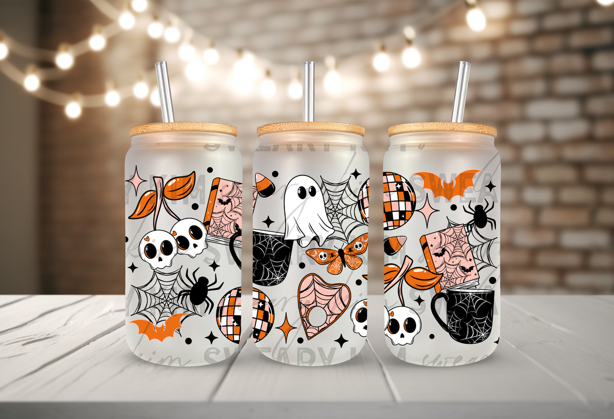 Burnt Orange Spooky Doodles UV Dtf 16oz glass can wrap