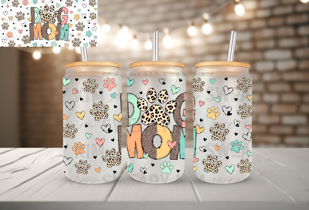 Dog Mom Leopard Print UV Dtf 16oz glass can wrap