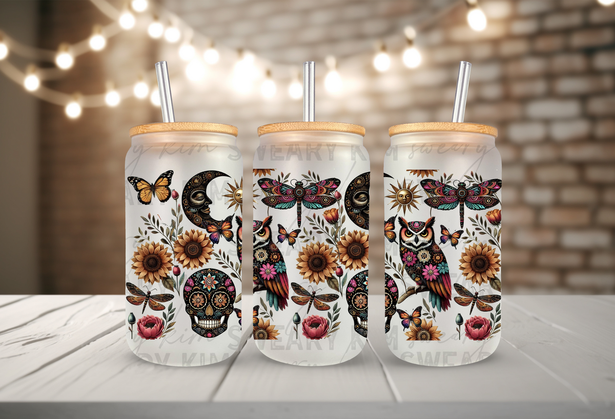 Sugar Skulls & Owls UV Dtf 16oz glass can wrap