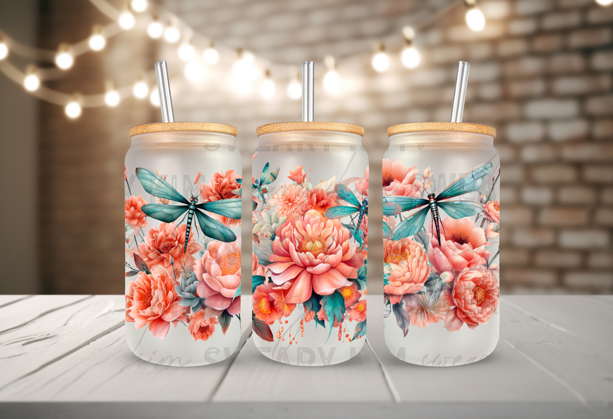 Dragonflies & Dahlia's UV Dtf 16oz glass can wrap