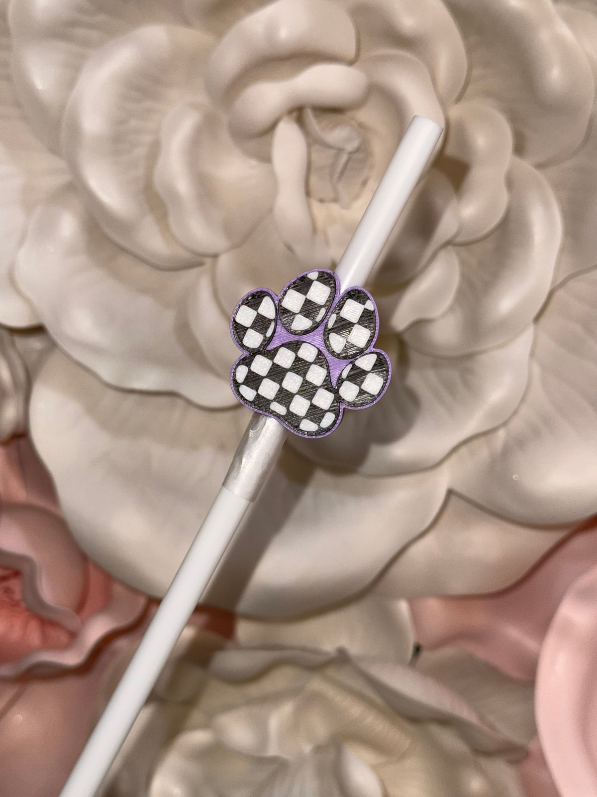 Purple Checkered Paw Print Straw Topper