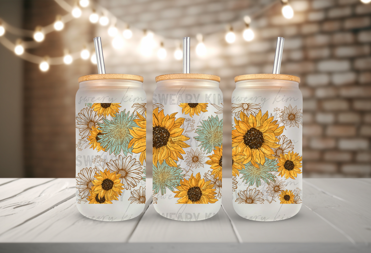 Boho Sunflowers UV Dtf 16oz glass can wrap