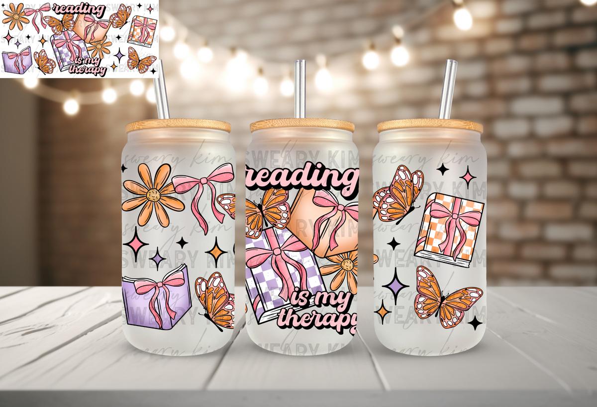 Exclusive Reading Is My Therapy UV Dtf 16oz glass can wrap