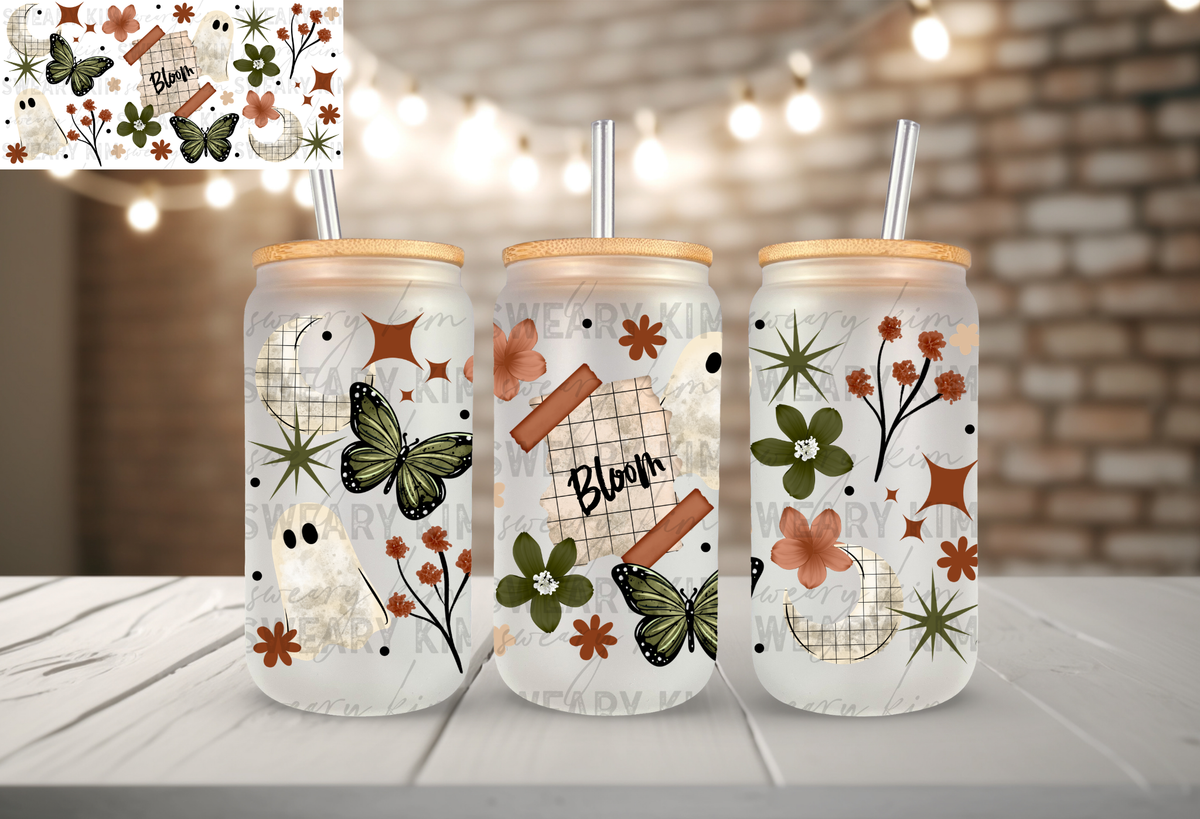 Exclusive Green Butterfly Bloom Ghosts UV Dtf 16oz glass can wrap