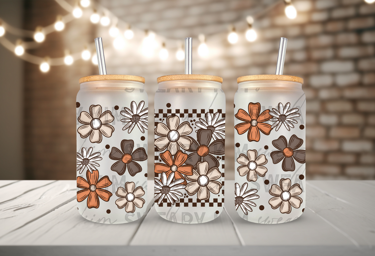 Cream, Brown, & Rust Flowers UV Dtf 16oz glass can wrap