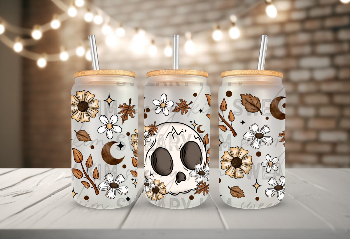 Fall Flower Skull UV Dtf 16oz glass can wrap