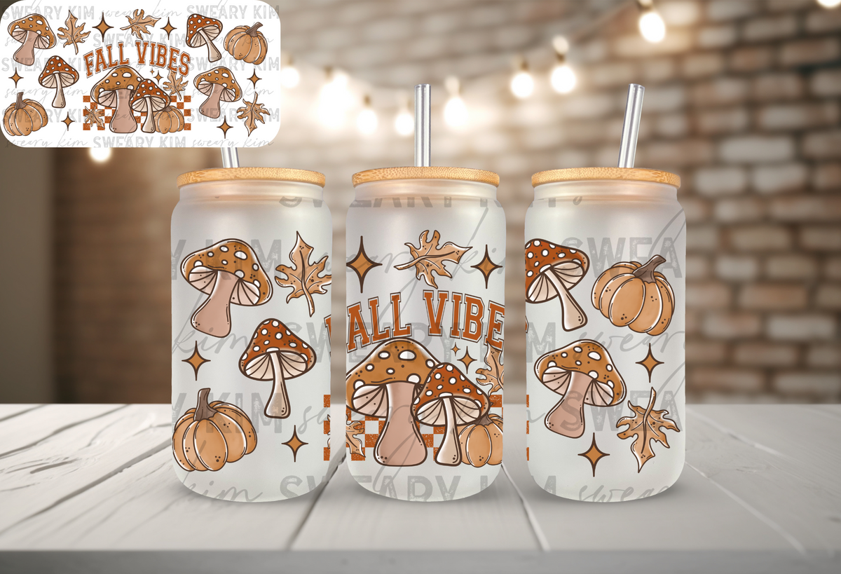 Fall Vibes Mushies UV Dtf 16oz glass can wrap