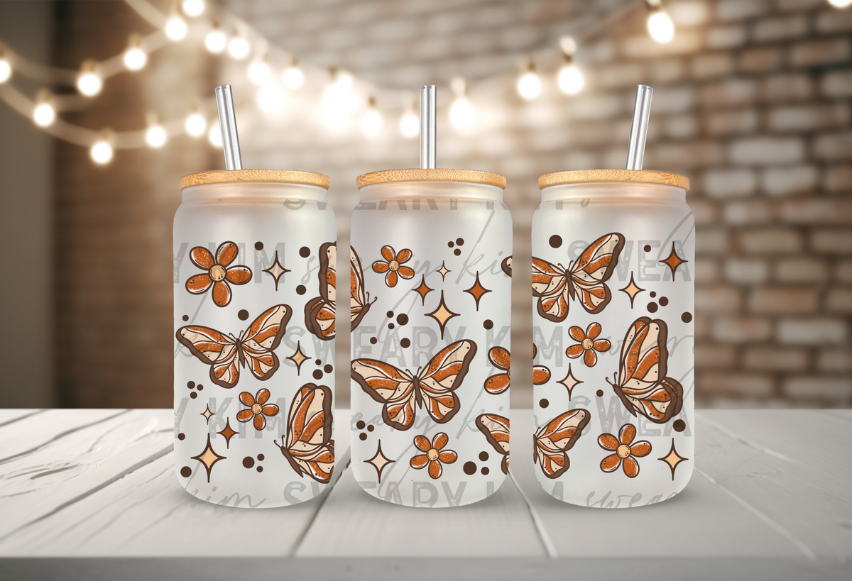 Burnt Orange & Cream Butterflies UV Dtf 16oz glass can wrap