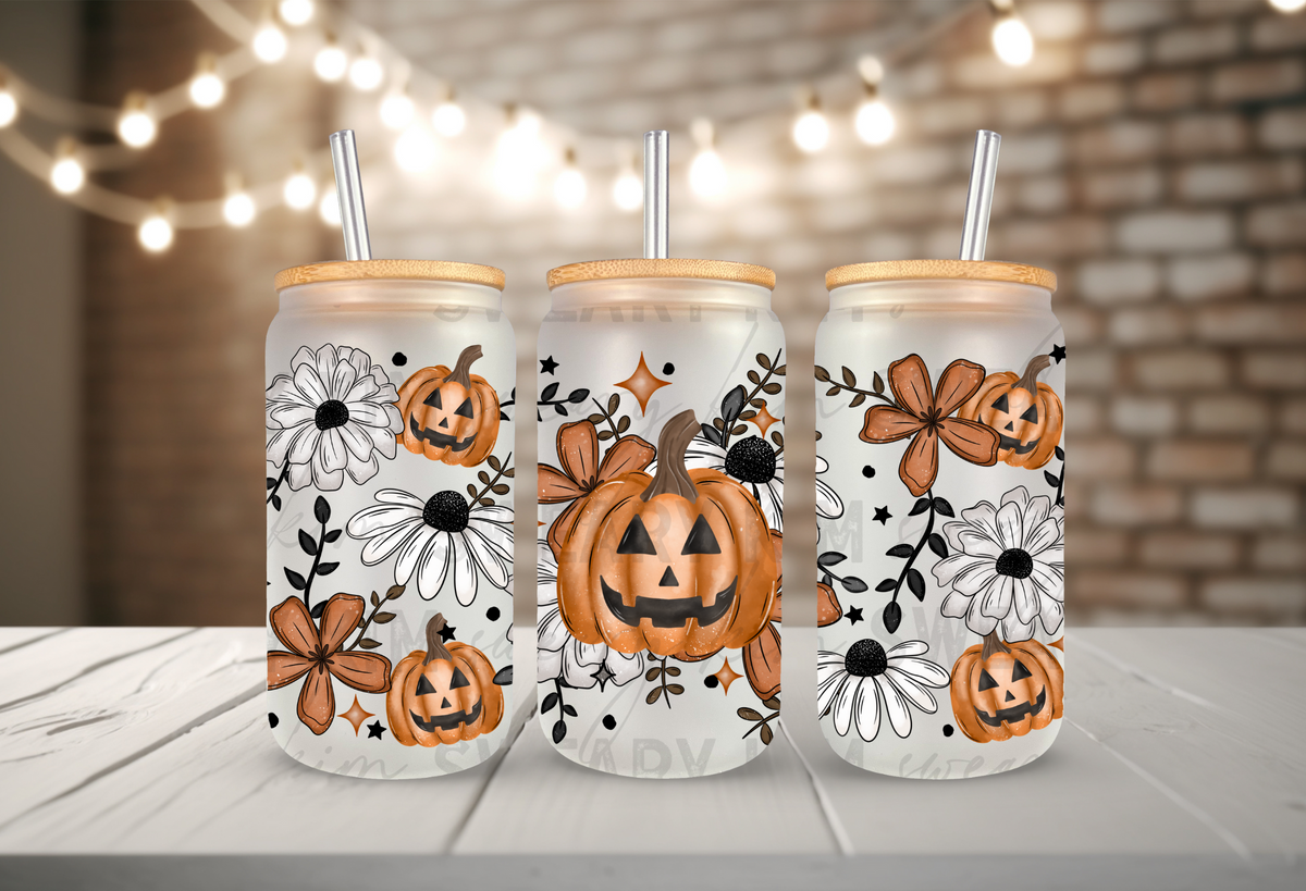 Fall Flowers & Pumpkins UV Dtf 16oz glass can wrap