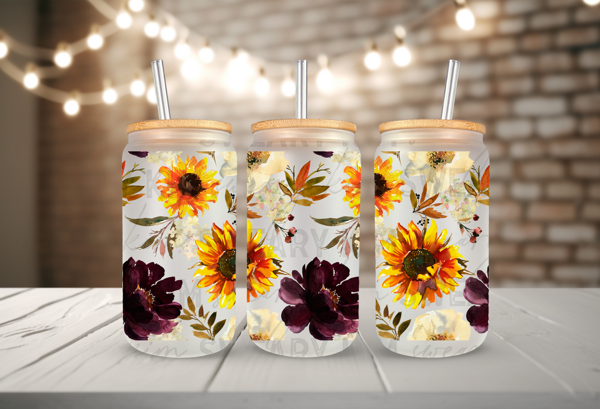 Abstract Fall Flowers UV Dtf 16oz glass can wrap