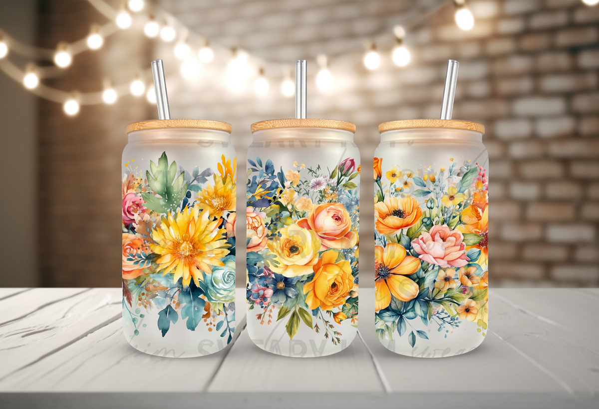 Blue & Golden Florals UV Dtf 16oz glass can wrap