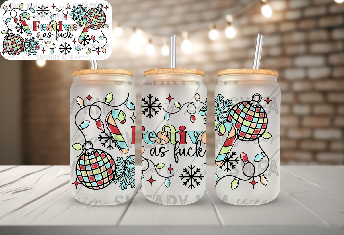 Exclusive Festive AF UV Dtf 16oz glass can wrap