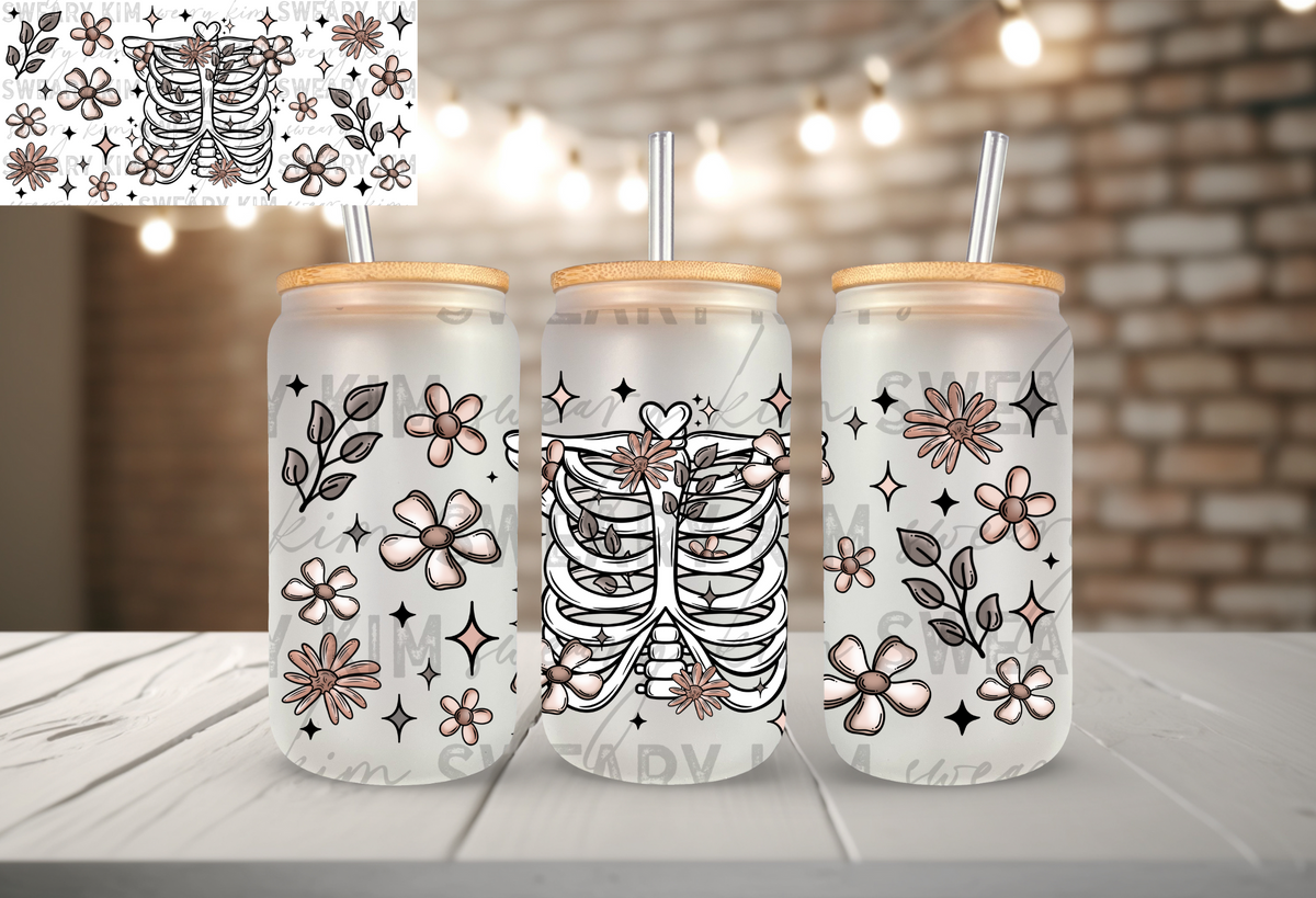 Floral Ribcage UV Dtf 16oz glass can wrap