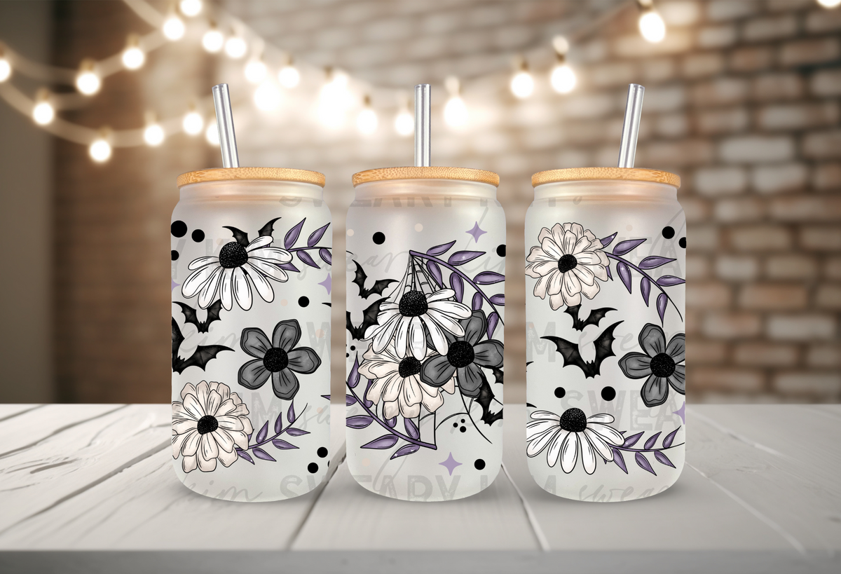 Black White & Purple Spooky Flowers UV Dtf 16oz glass can wrap