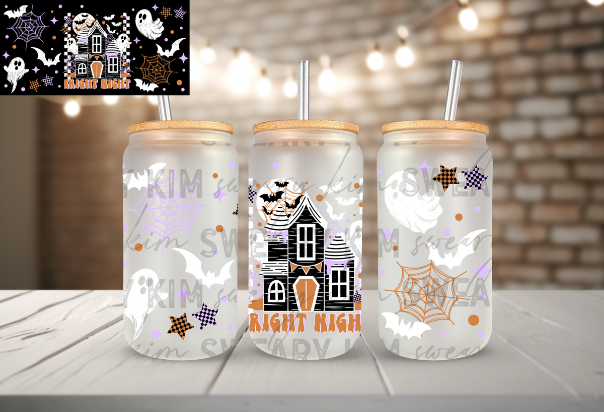 Fright Night House UV Dtf 16oz glass can wrap