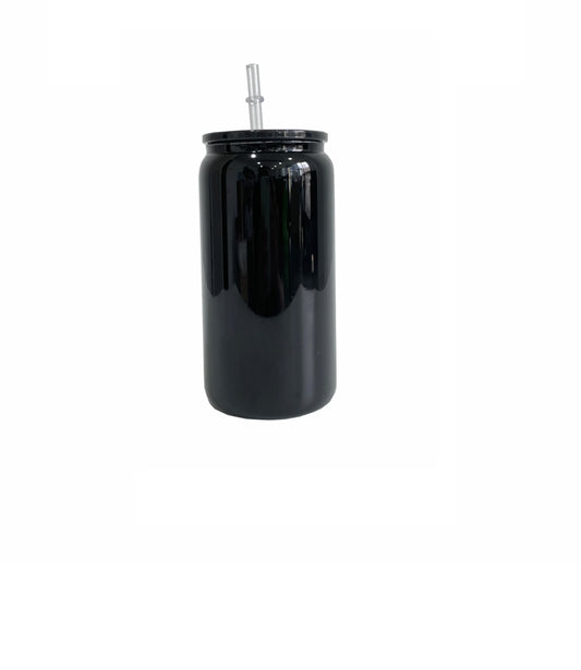 Black 16 oz Glass Can Tumbler w/ PP Acrylic Lid