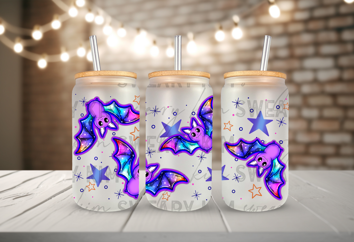 Vibrant Neon Bats & Stars UV Dtf 16oz glass can wrap