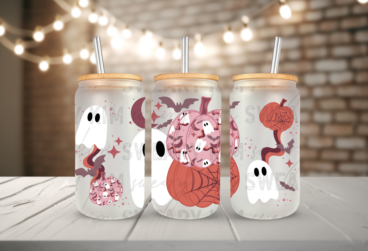 Burgundy Pumpkins & Ghosts UV Dtf 16oz glass can wrap