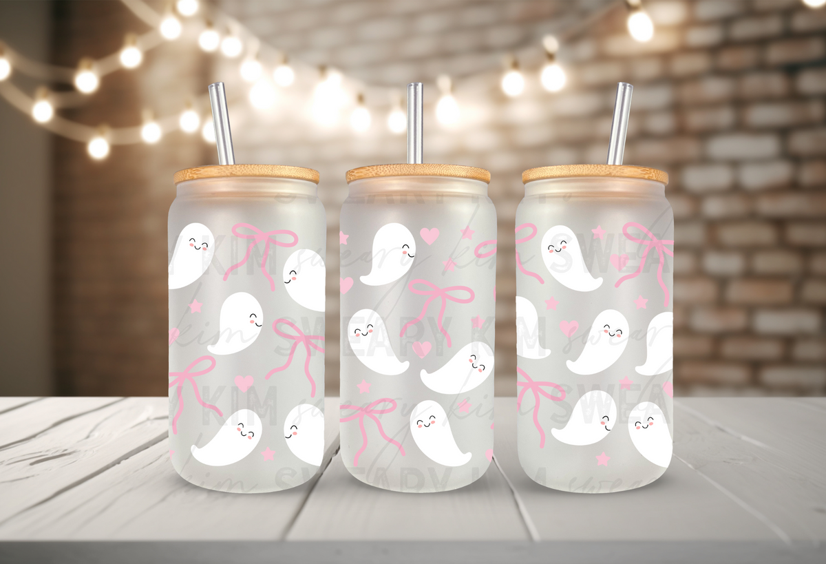 Girly Ghosts & Bows UV Dtf 16oz glass can wrap