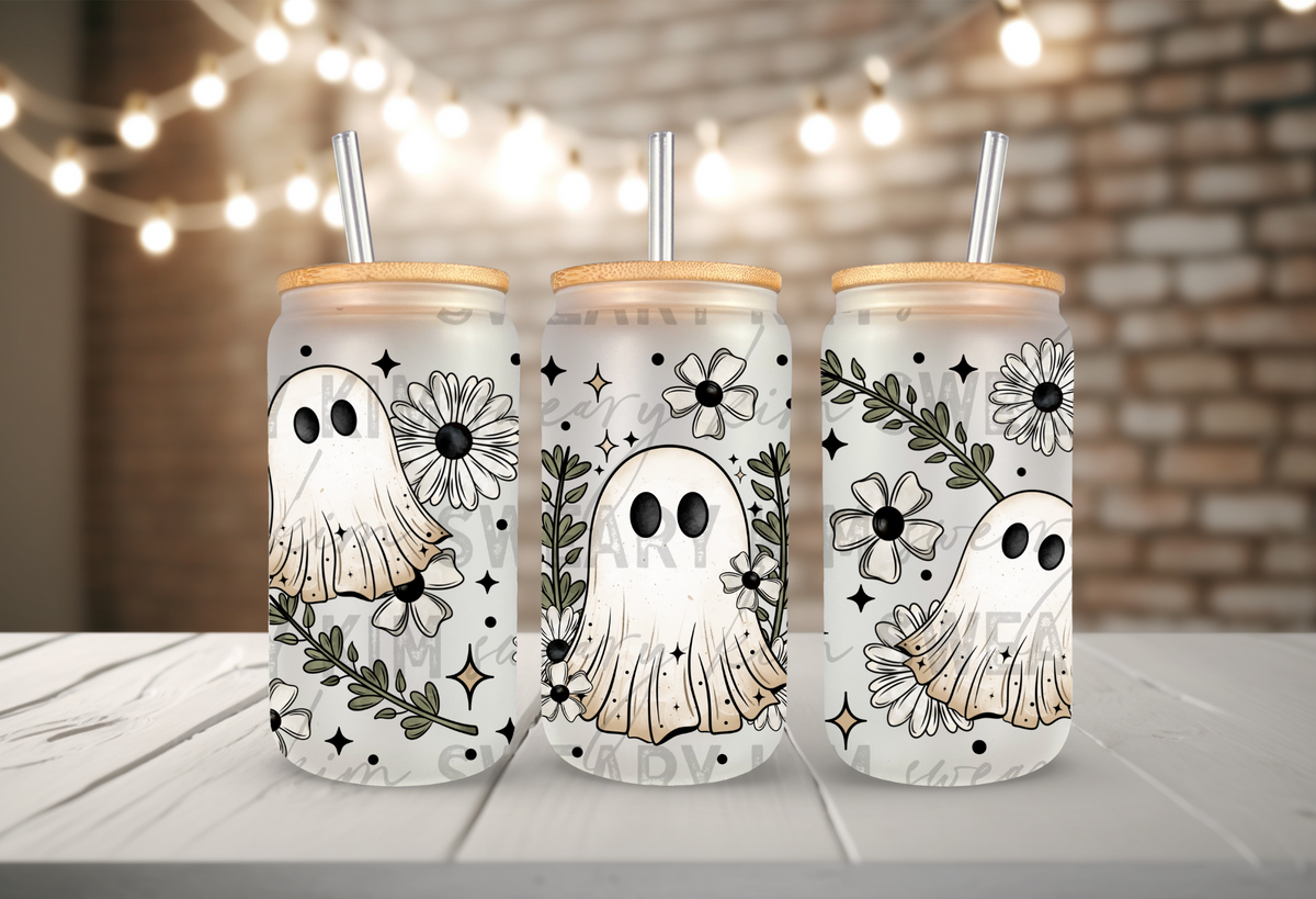 Greenery & Floral Ghosts UV Dtf 16oz glass can wrap