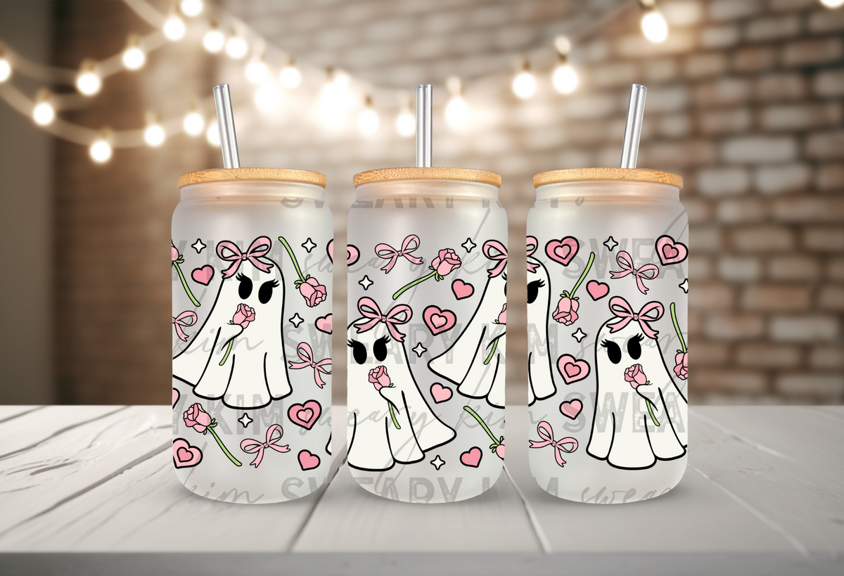 Coquette Ghosts & Roses UV Dtf 16oz glass can wrap