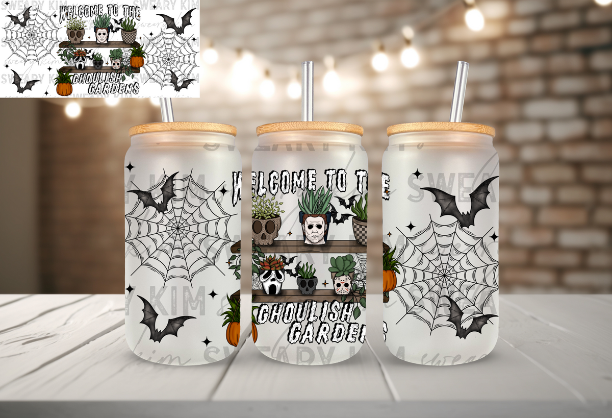 Welcome To The Ghoulish Garden UV Dtf 16oz glass can wrap