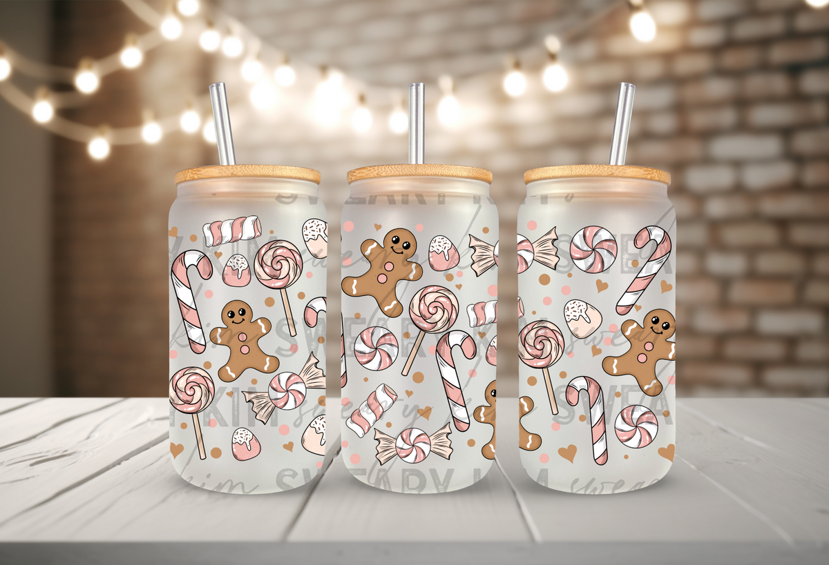 Pastel Pink Gingerbreads & Candies UV Dtf 16oz glass can wrap