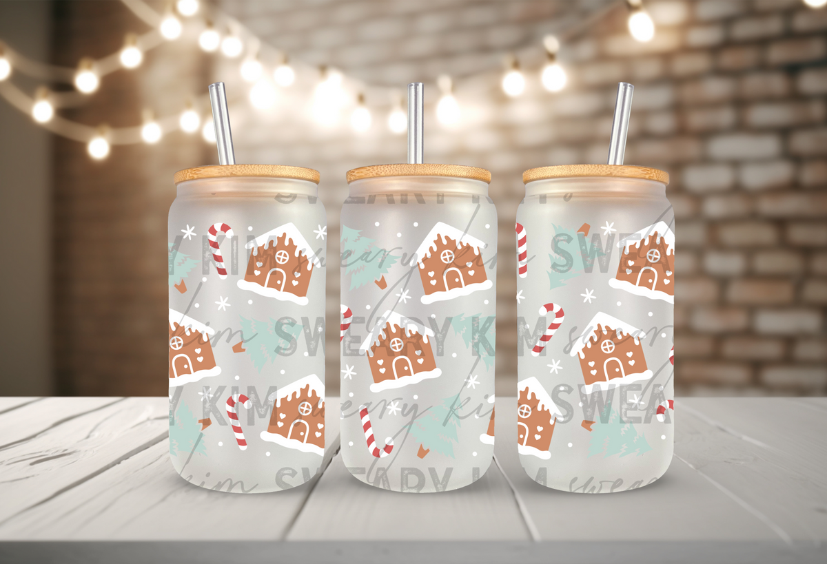 Gingerbread Houses & Mint Trees UV Dtf 16oz glass can wrap