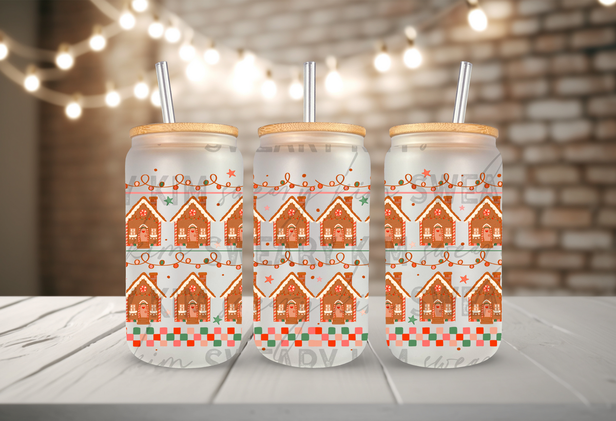 Gingerbread Houses & Lights UV Dtf 16oz glass can wrap