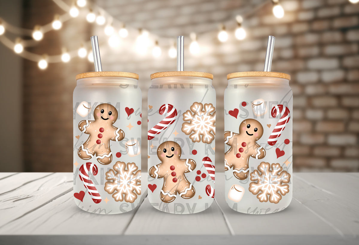 Exclusive Gingerbread Men & Candy Canes  UV Dtf 16oz glass can wrap