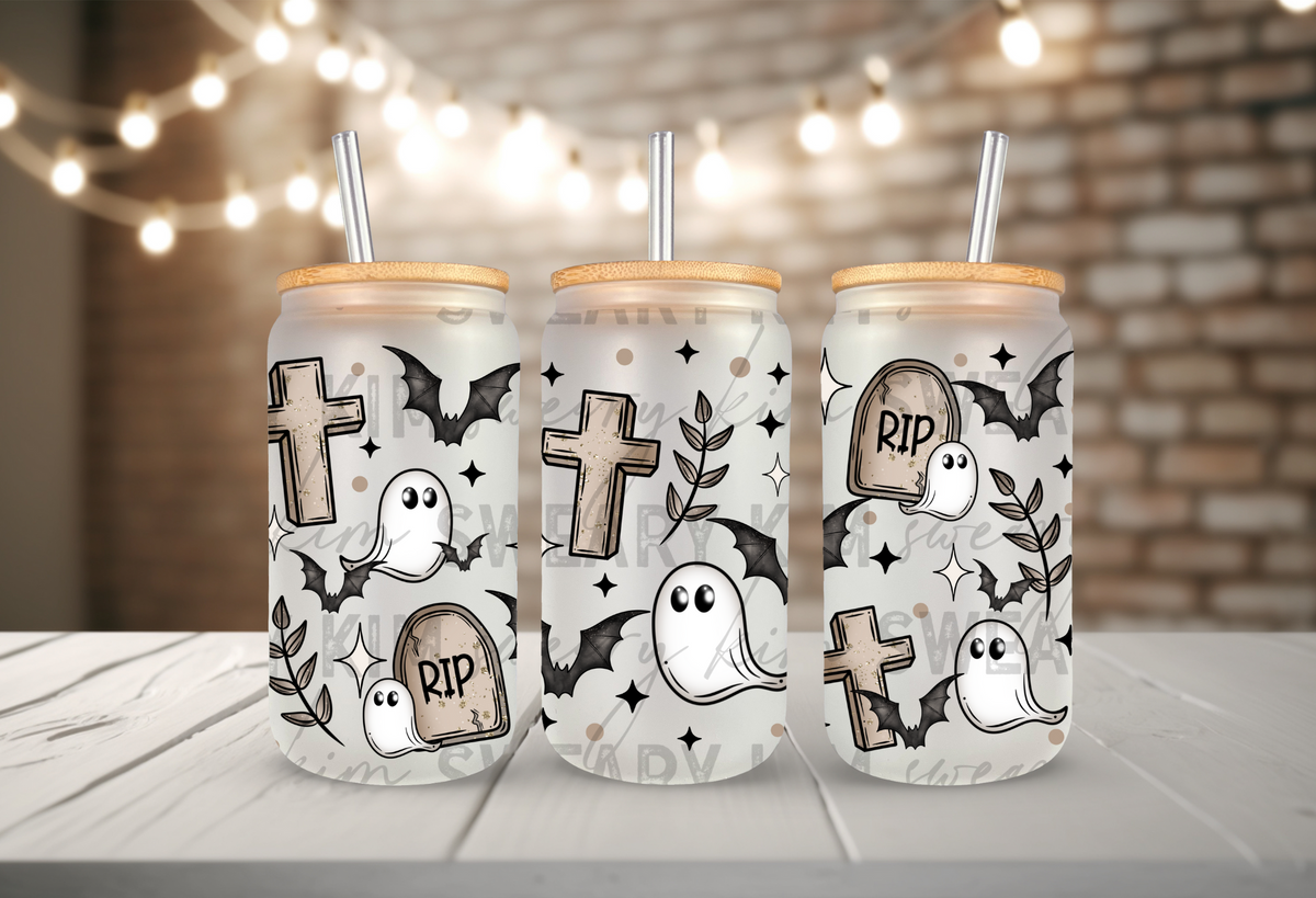 Graveyard Ghosts & Bats UV Dtf 16oz glass can wrap