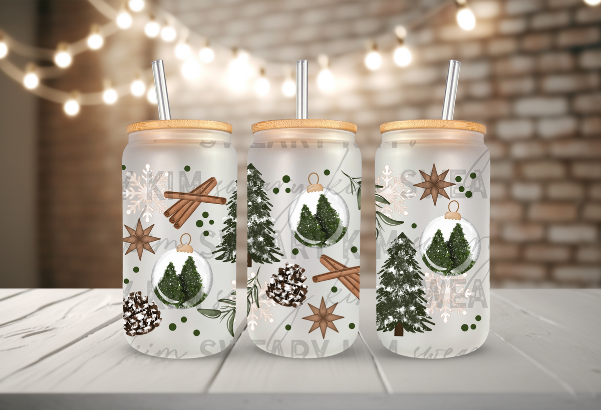 Winter Ornaments & Pine Trees UV Dtf 16oz glass can wrap