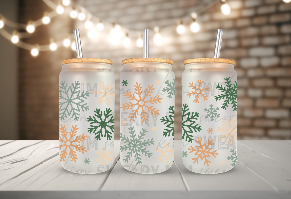 Green & Tan Snowflakes UV Dtf 16oz glass can wrap