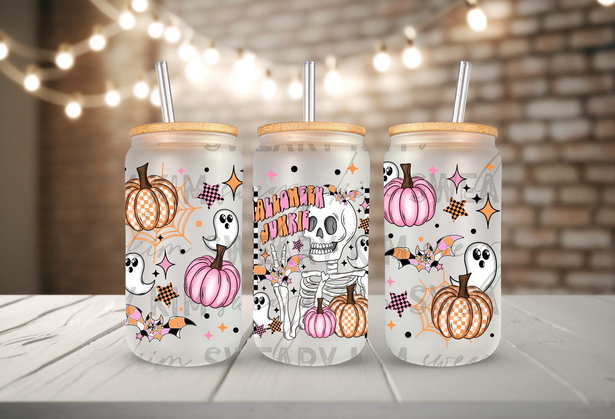 Halloween Junkie UV Dtf 16oz glass can wrap