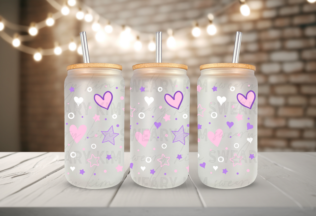 Pastel Hearts & Stars UV Dtf 16oz glass can wrap