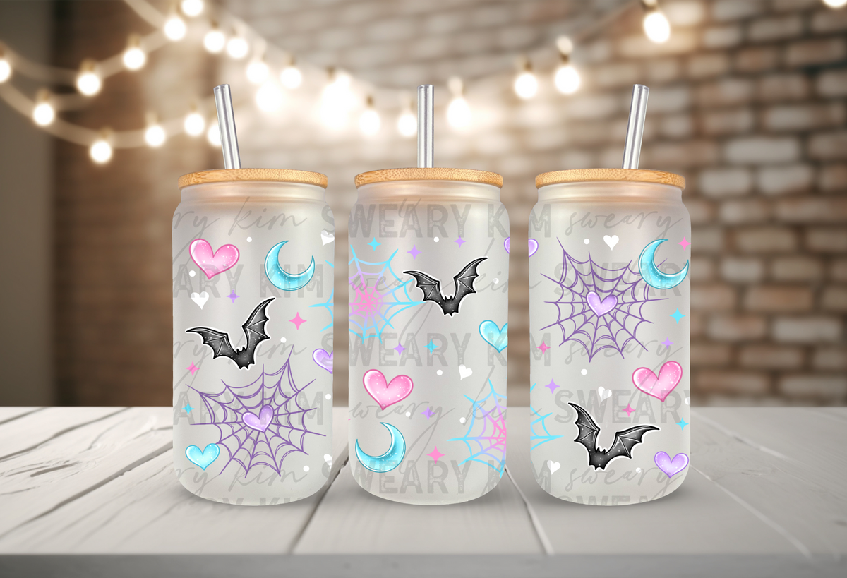 Bats & Pastel Hearts & Webs UV Dtf 16oz glass can wrap