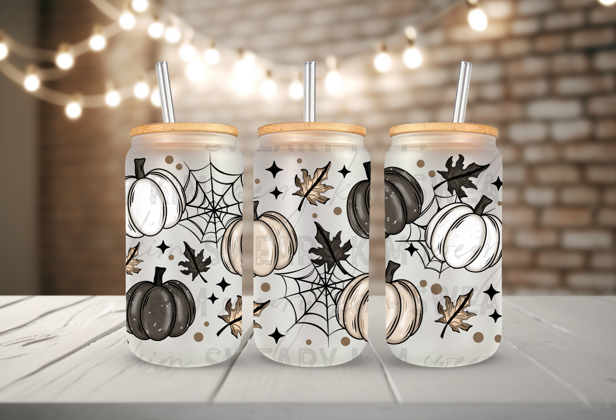 Neutral Pumpkins & Leaves UV Dtf 16oz glass can wrap