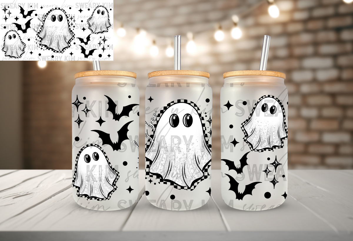 Hey Boo Ghost UV Dtf 16oz glass can wrap