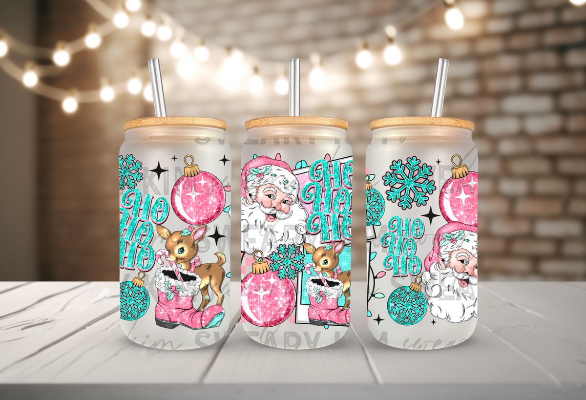 Retro Pink & Teal Santa UV Dtf 16oz glass can wrap